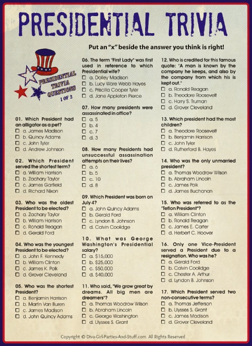 Presidential Trivia Questions And Answers Printable Printable Word