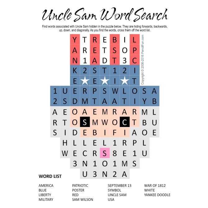 Printable Uncle Sam Word Search Uncle Sam Day Word Search