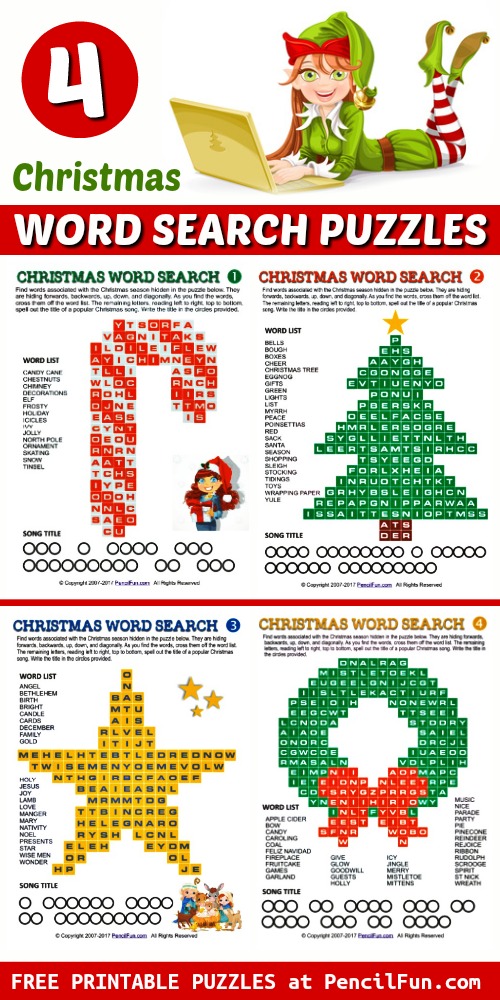 4 Printable Christmas Word Search Puzzles Shaped Like Christmas Symbols