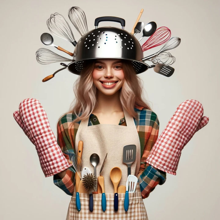 Bride Decked Out in Kitchen Gadgets for a Bridal Shower Apron Game