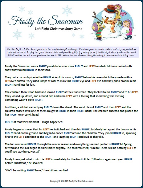 Printable Frosty the Snowman Left Right Game