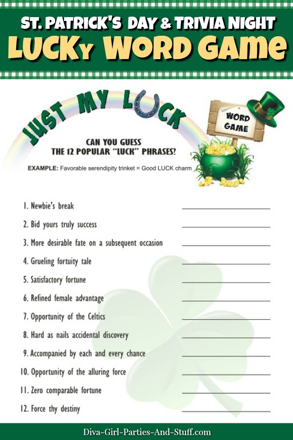 Printable Just My Luck Word Game for St. Patrick's Day and Trivia Nights
