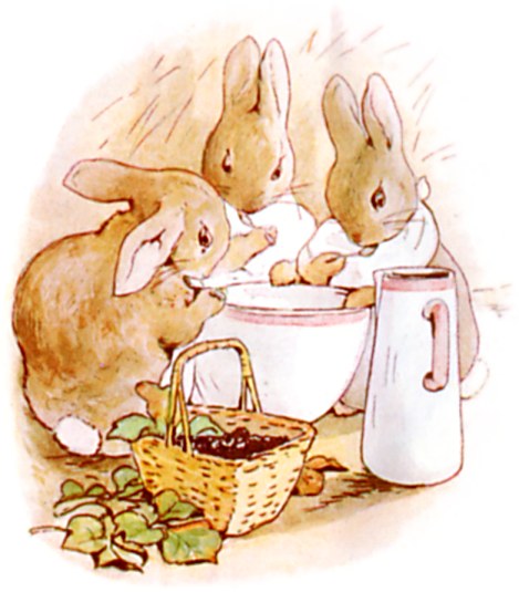 Flopsy, Mopsy, and Cottontail Enjoying a Dinner of Bread, Milk and Blackberries