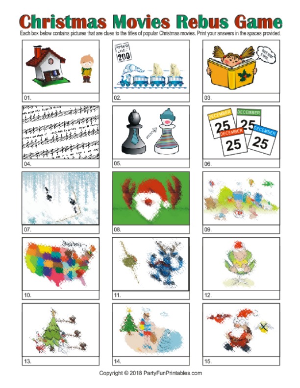 Printable Christmas Rebus Game / Christmas Movies Picture Puzzles