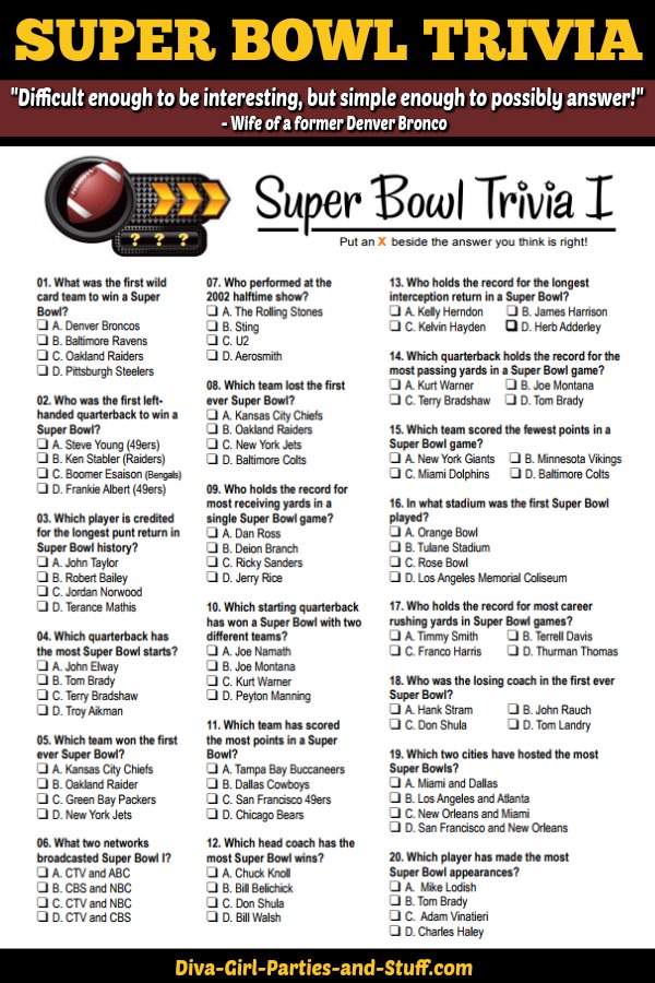 Super Bowl Trivia Multiple Choice Printable Game