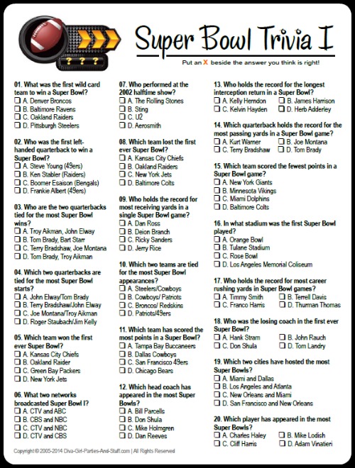 Super Bowl Trivia Multiple Choice Printable Game Updated