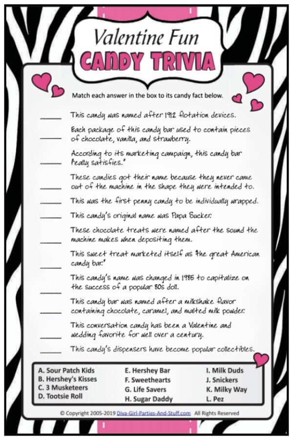 Printable Valentine Fun Candy Trivia Game