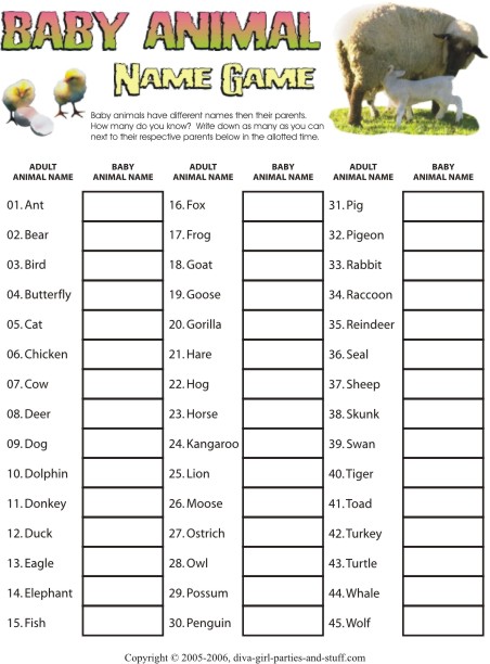 printable baby shower animal name game
