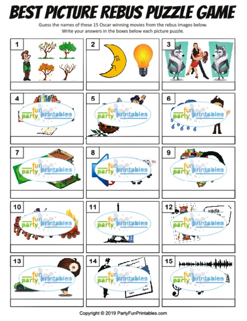 Printable Best Picture Rebus Puzzle Game | Guess the Oscar Winning Movies