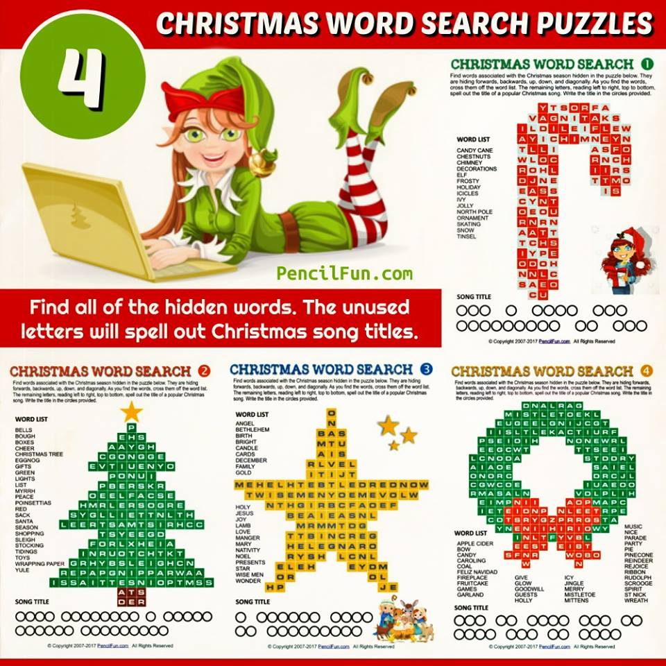 Unique Christmas Word Search Puzzles - Star, Tree, Candy Cane, and Wreath