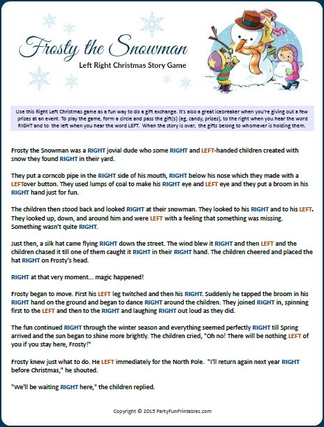 Printable Frosty the Snowman Left Right Game