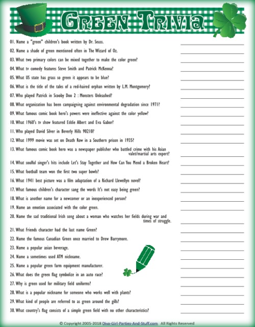 Printable Green Trivia Game