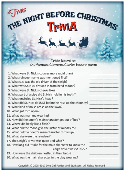 Night Before Christmas Trivia Printable Night Before Christmas Trivia Printable