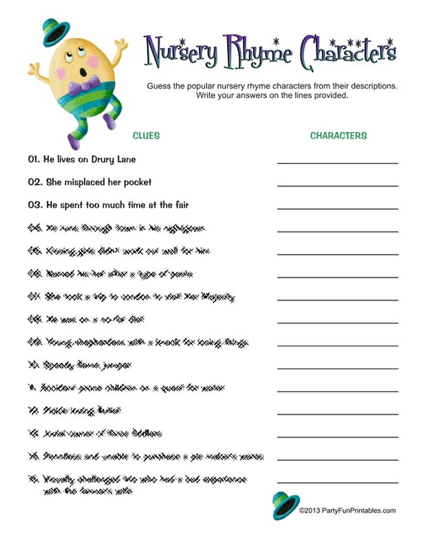 nursery rhyme character baby shower game