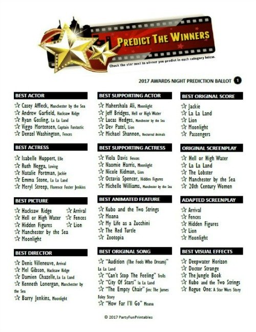 Printable Oscar Winners Prediction Game