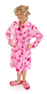 girl in curlers and a funky pink robe