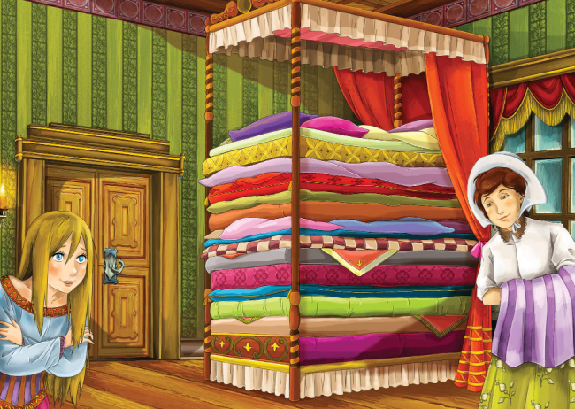 Princess and the Pea Bedroom Scene with Mattresses Stacked Up