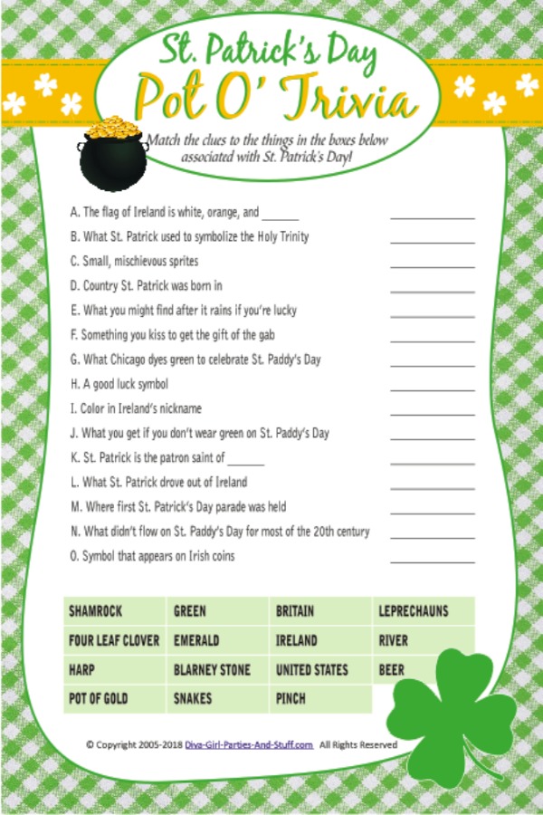 St Patricks Day Trivia Game Printable Pot O' Trivia Quiz