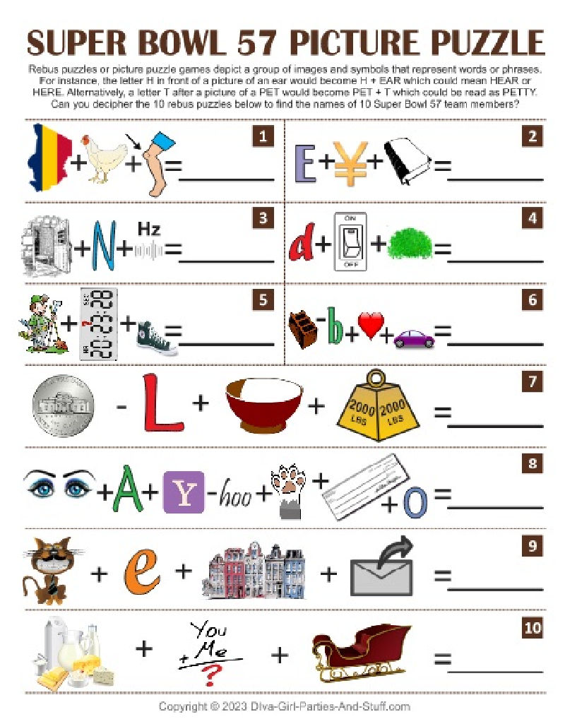 Printable Super Bowl 57 Picture Puzzle Rebus Game
