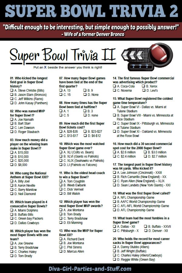 Printable Super Bowl Trivia Questions and Answers